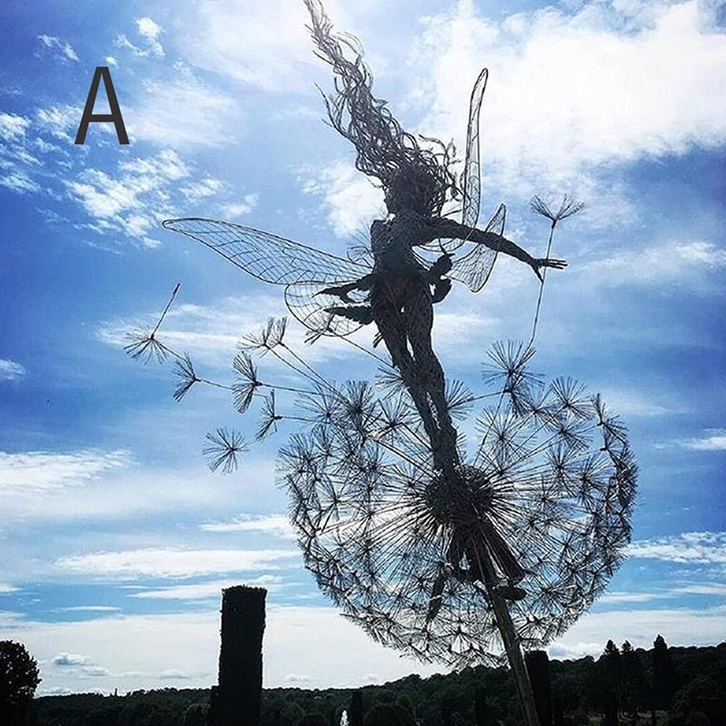 Steel garden fairy statue by BowLift featuring a dancing fairy design, weather-resistant outdoor decor.