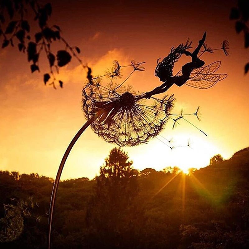 Steel garden fairy statue dancing fairy figurine, weather-resistant outdoor decor by BowLift, detailed fairy with flowing wings.