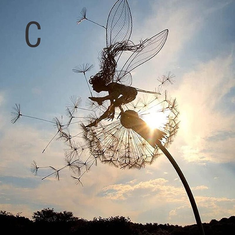 Steel garden fairy statue by BowLift, featuring a dancing fairy design, weather-resistant outdoor decor for garden or yard.