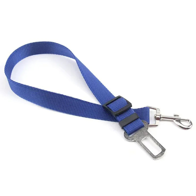 Dark blue adjustable dog seat belt by Belro for automotive safety, featuring secure clip and adjustable strap for pets in cars.