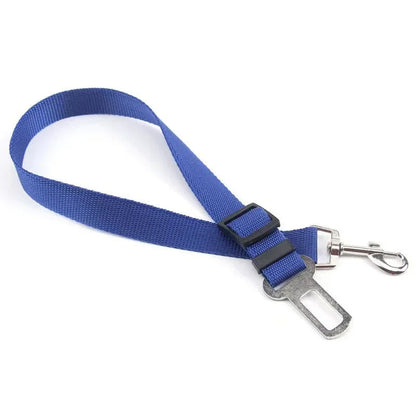 Dark blue adjustable dog seat belt by Belro for automotive safety, featuring secure clip and adjustable strap for pets in cars.