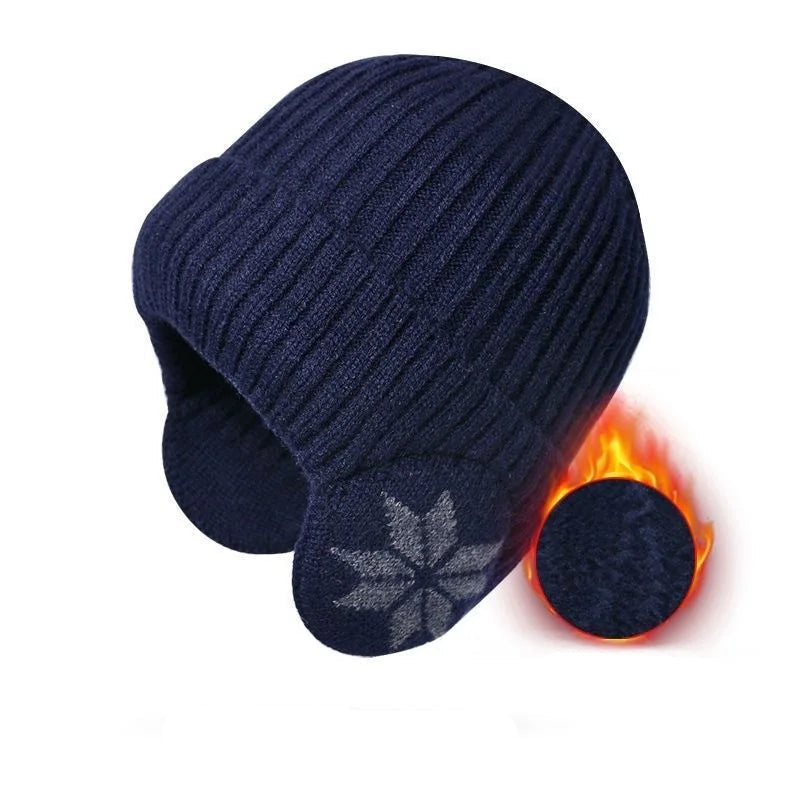 Dark blue Belro unisex winter knit beanie with ear protection, cozy winter hat with ear flaps for warmth