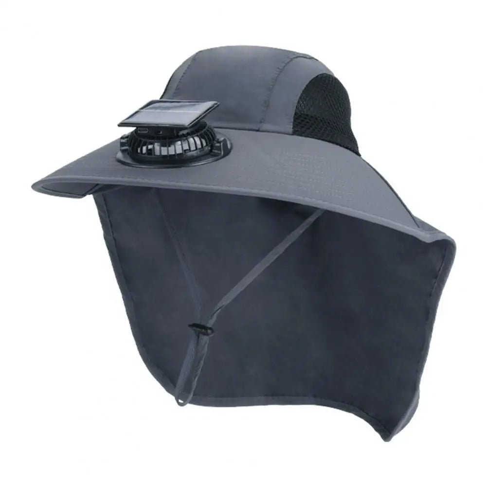 Dark gray solar fan hat with wide brim and UV protection, Belro sun hat designed for outdoor sun protection and ventilation.