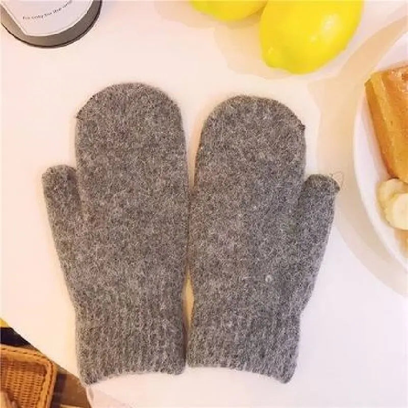 Dark grey Belro cashmere knit mittens for women, cozy winter clothing with soft, warm fabric and stylish design.