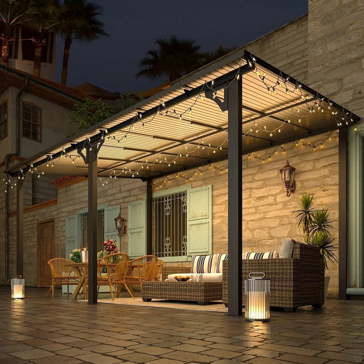 Dark gray Aecojoy 10 ft. x 14 ft. aluminum patio cover with sleek design, providing shade and shelter for outdoor spaces.