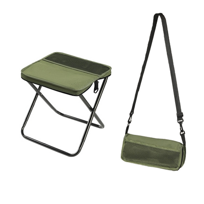 Lightweight BowLift foldable backpack stool with compact design, ideal for hiking and camping, shown folded ready to carry.