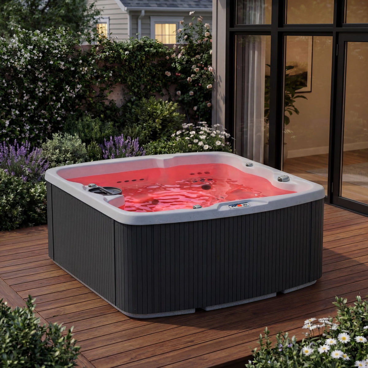 Casavibeo Lifesmart Leganza 6-person spa with 90 jets, lounge seating, in coastal gray with evening ambiance.