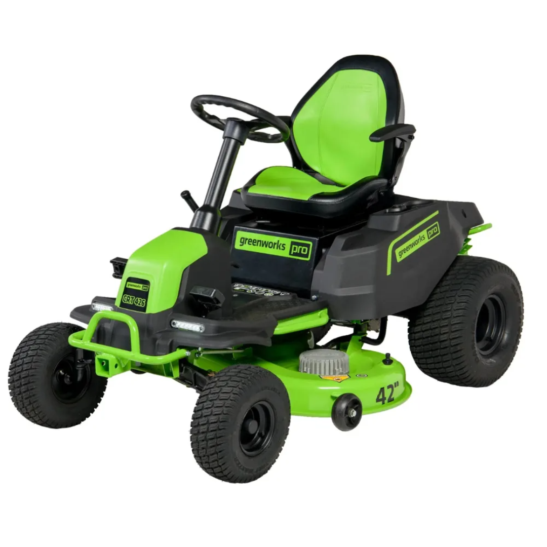 Casavibeo Greenworks Pro 42-inch 60V cordless electric crossover tractor riding lawn mower with a green cutting deck and comfortable seat