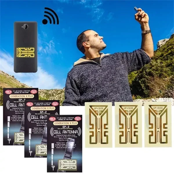 Belro cell phone signal enhancement stickers on a smartphone, showing signal booster adhesive stickers for better reception.