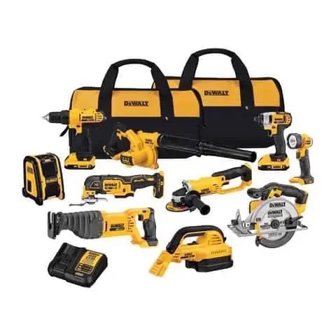 Casavibeo 20-Volt MAX Lithium-Ion cordless 7-tool combo kit with 2.0 Ah and 5.0 Ah batteries and charger, tools displayed on a workbench.
