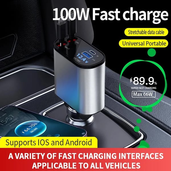 Belro car charger adapter plugged into vehicle's power outlet for charging electronic devices during travel.
