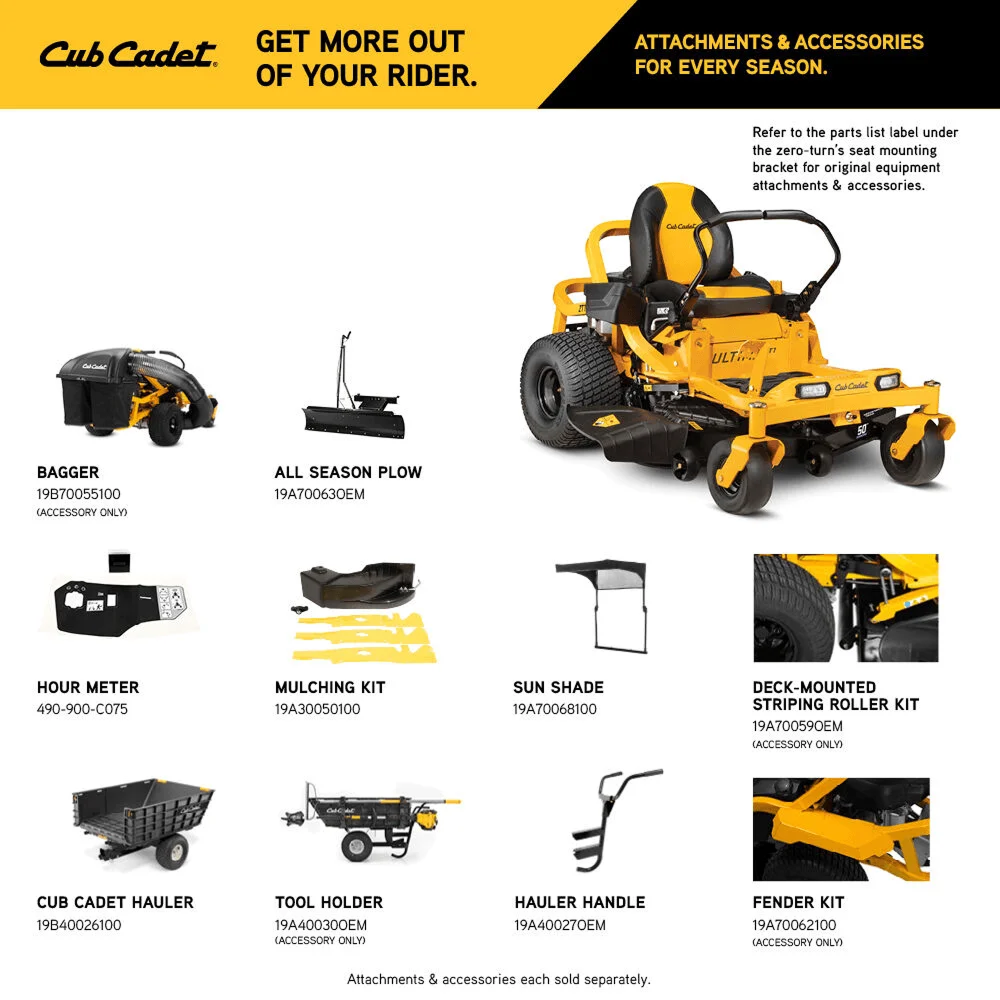 Cub Cadet Ultima ZT1 50-inch zero turn mower with 25HP Kohler V-twin engine, shown with cutting deck and control panel.