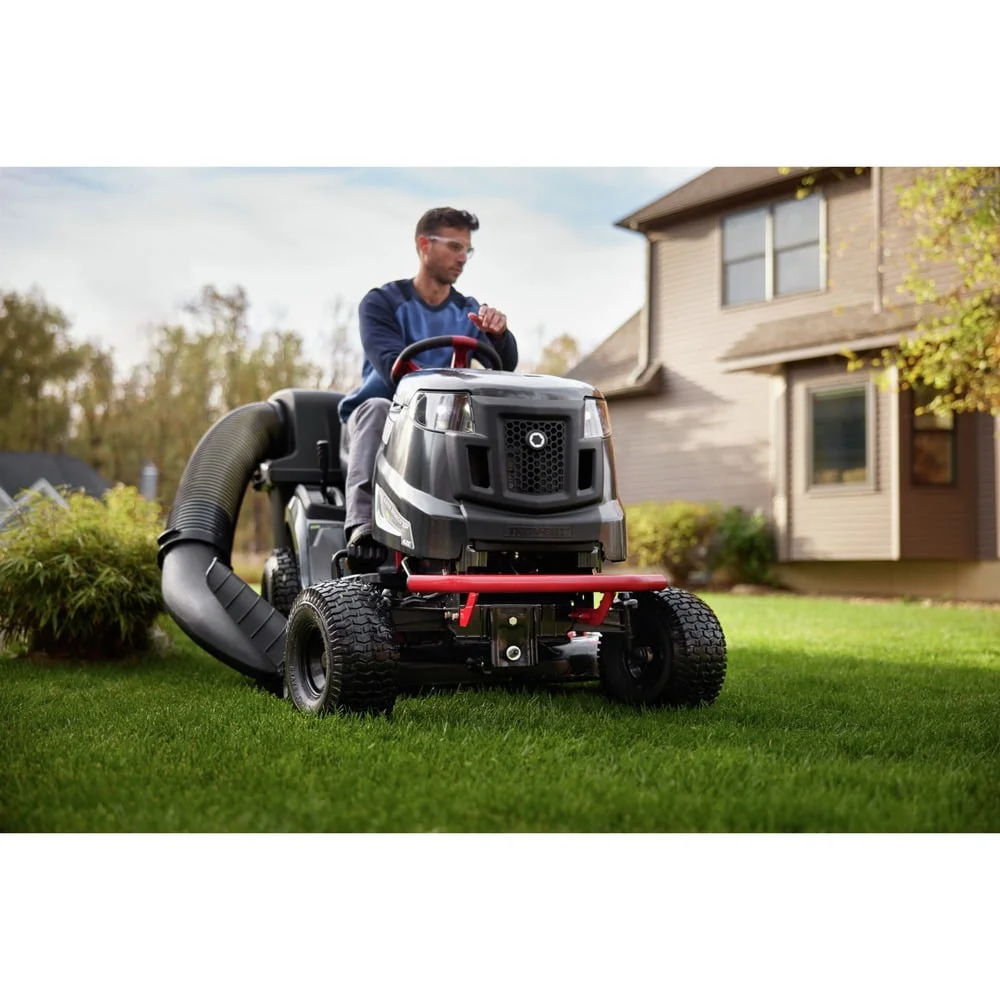 Casavibeo Troy-Bilt Super Bronco 42E XP electric riding lawn tractor with 42-inch cutting deck and 56V lithium-ion battery.