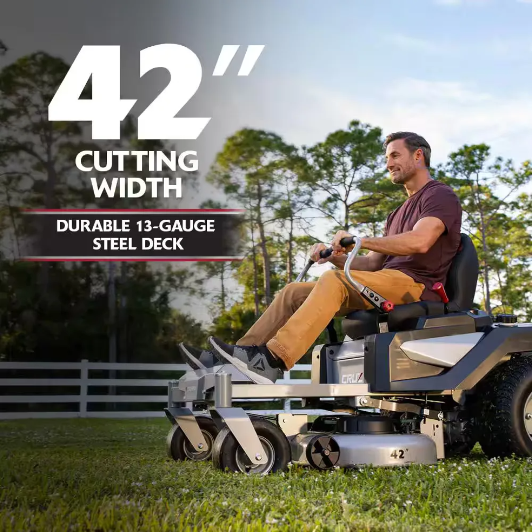 Casavibeo Cruz 42-inch lawn mower with Briggs & Stratton EX1900 19 HP 540cc engine and dual hydrostatic transmission.