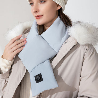 Belro electric heating scarf neck warmer on a person, providing warmth and pain relief for the neck area.