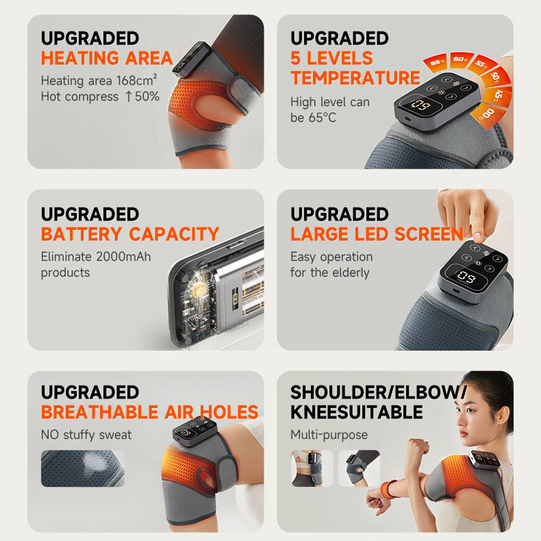 Belro cordless knee massager with heat and vibration, designed for pain relief, shown with adjustable suspenders.