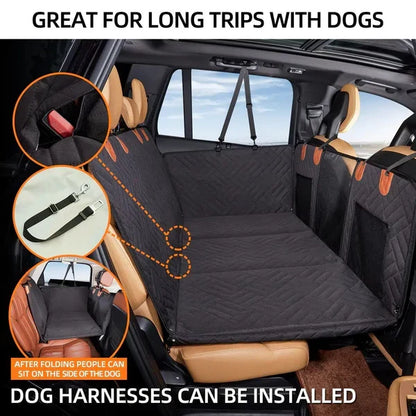Belro hard bottom car seat cover for dogs showing durable fabric and secured straps in a vehicle interior.