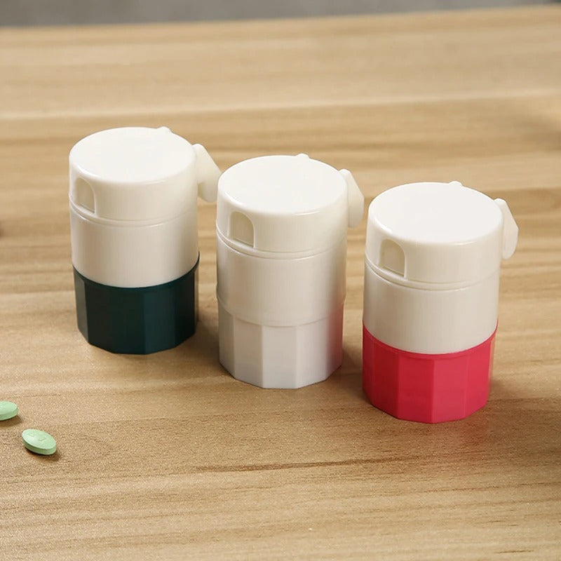 Belro pill crusher in use, compact health and beauty tool for crushing medication tablets into powder.