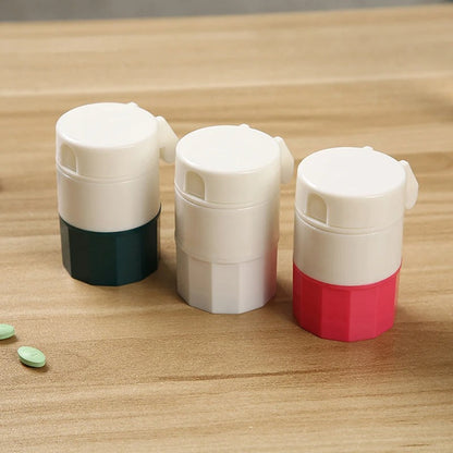 Belro pill crusher in use, compact health and beauty tool for crushing medication tablets into powder.