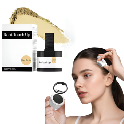 Belro hairline powder for thinning hair, close-up of application on scalp showing natural hair coverage and texture.