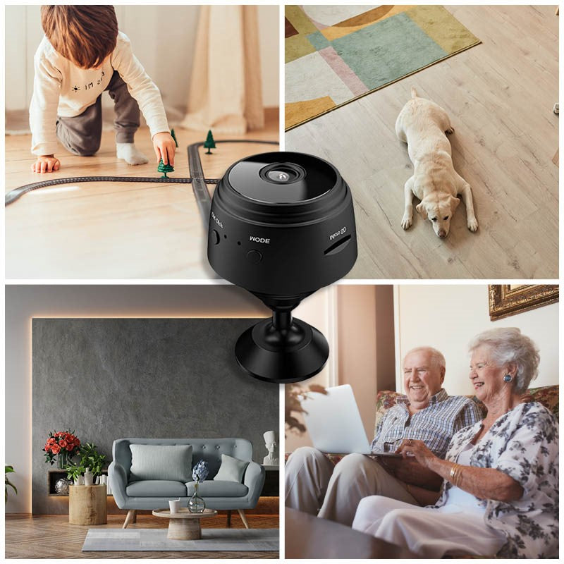 Belro Mini Camera WiFi HD 1080P with night vision shown in various usage scenarios for security and recording.