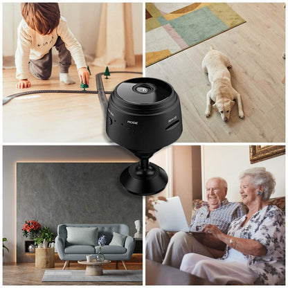 Belro Mini Camera WiFi HD 1080P with night vision shown in various usage scenarios for security and recording.