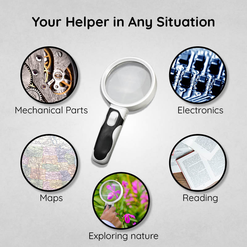 Belro LED lighted handheld magnifying glass used for reading books and examining small print with built-in illumination.