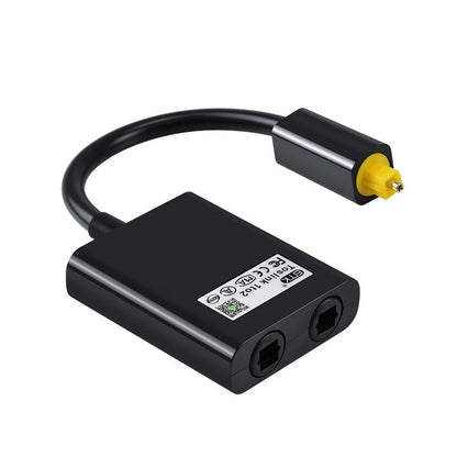 Black GETDECO digital optical audio splitter splits one fiber optic signal into two outputs for high-quality sound transfer.