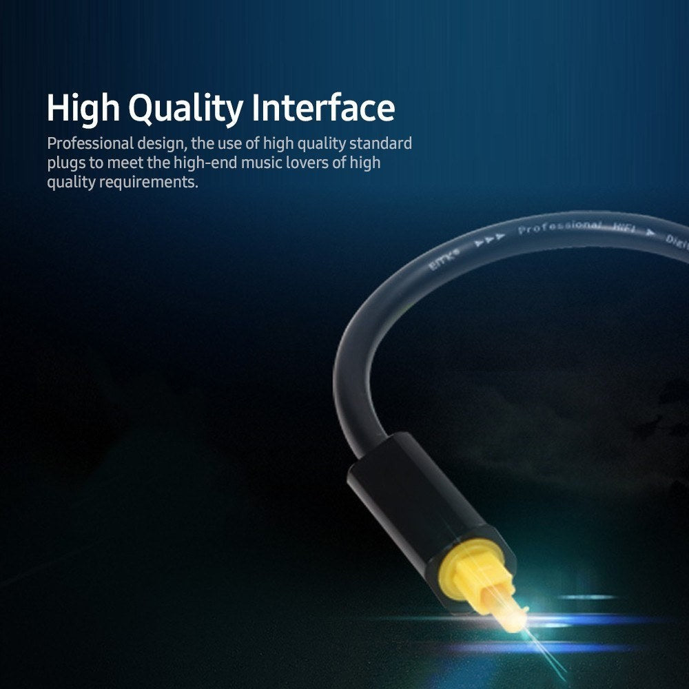 GETDECO digital optical audio splitter showing fiber optic cable with one input and two output ports in black.