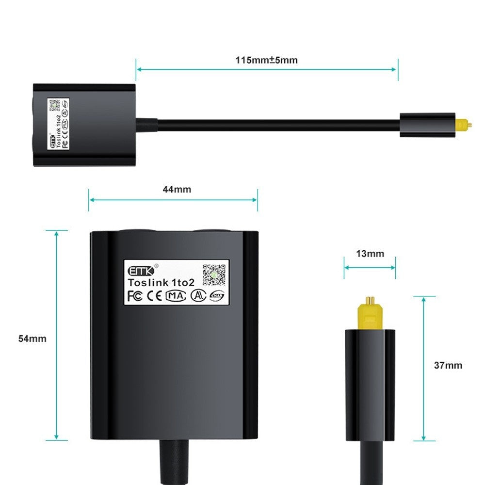 Black GETDECO digital optical audio splitter cable splits one fiber optic input into two outputs for audio devices.