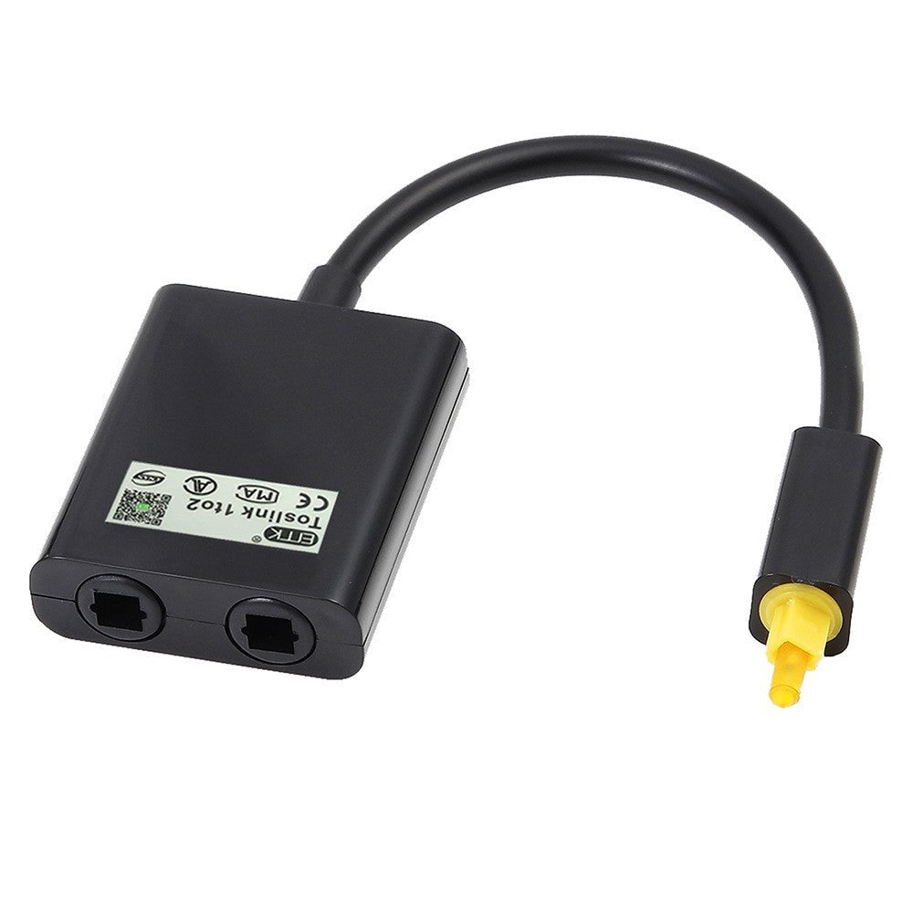Black GETDECO digital optical audio splitter cable splitting one fiber optic input into two outputs for high-quality audio connections.