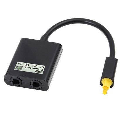 Black GETDECO digital optical audio splitter cable splitting one fiber optic input into two outputs for high-quality audio connections.