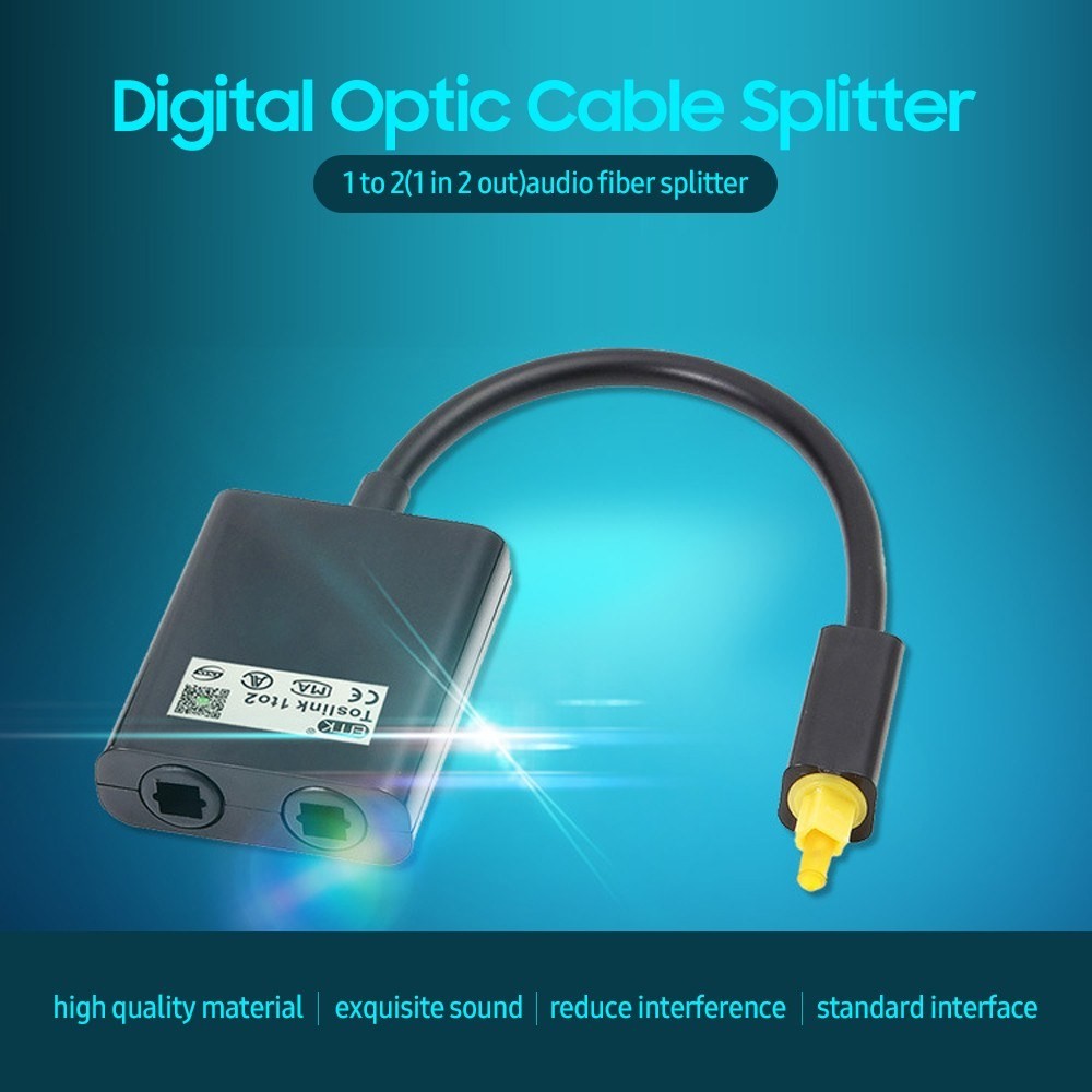Black GETDECO Digital Optical Audio Splitter cable splitting one fiber optic input into two outputs, for high-quality audio connections.