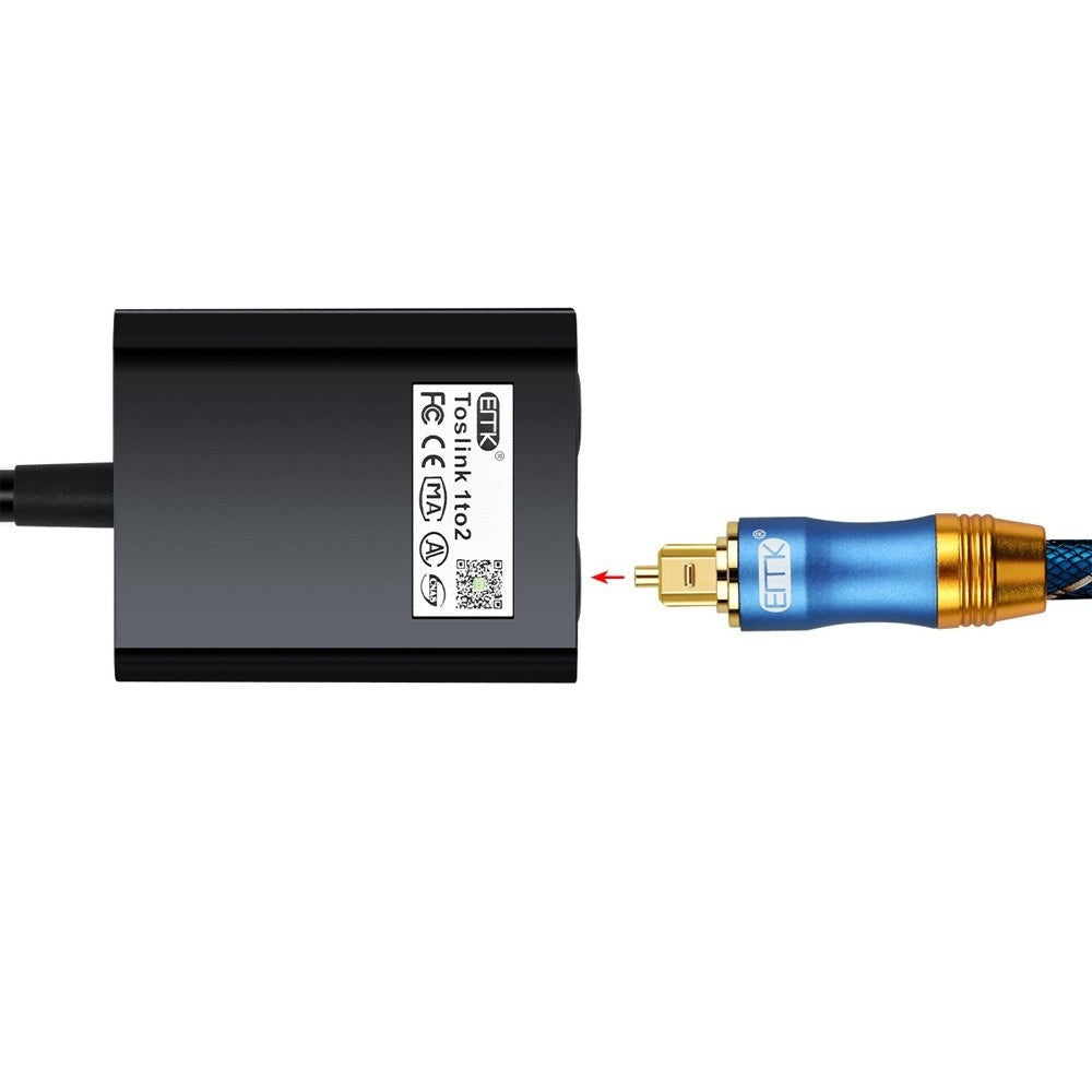 Black GETDECO digital optical audio splitter cable splits one fiber optic signal into two outputs for home theater systems.