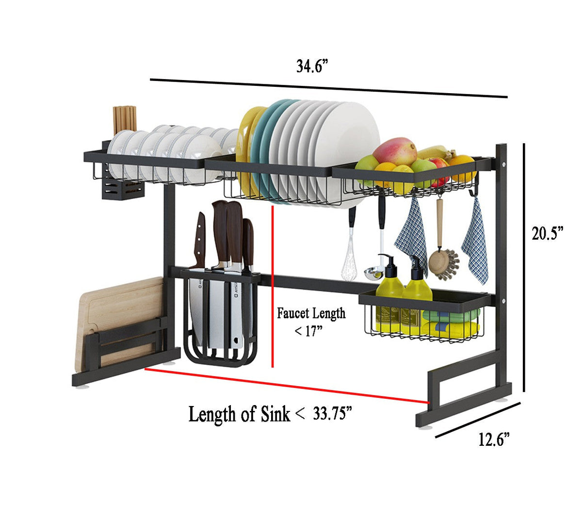 Black stainless steel dish drying rack over kitchen sink with draining shelf for dishes and utensils, ideal for home kitchen use.