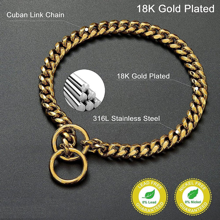 Black and gold stainless steel dog chain collar by Belro, heavy-duty pet collar for dogs with a sturdy design.