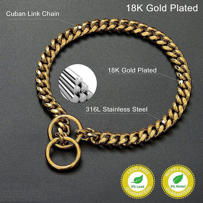Black and gold stainless steel dog chain collar by Belro, heavy-duty pet collar for dogs with a sturdy design.