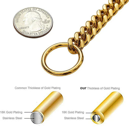 Black and gold stainless steel dog chain collar by Belro, heavy-duty pet collar for dogs, durable and stylish.