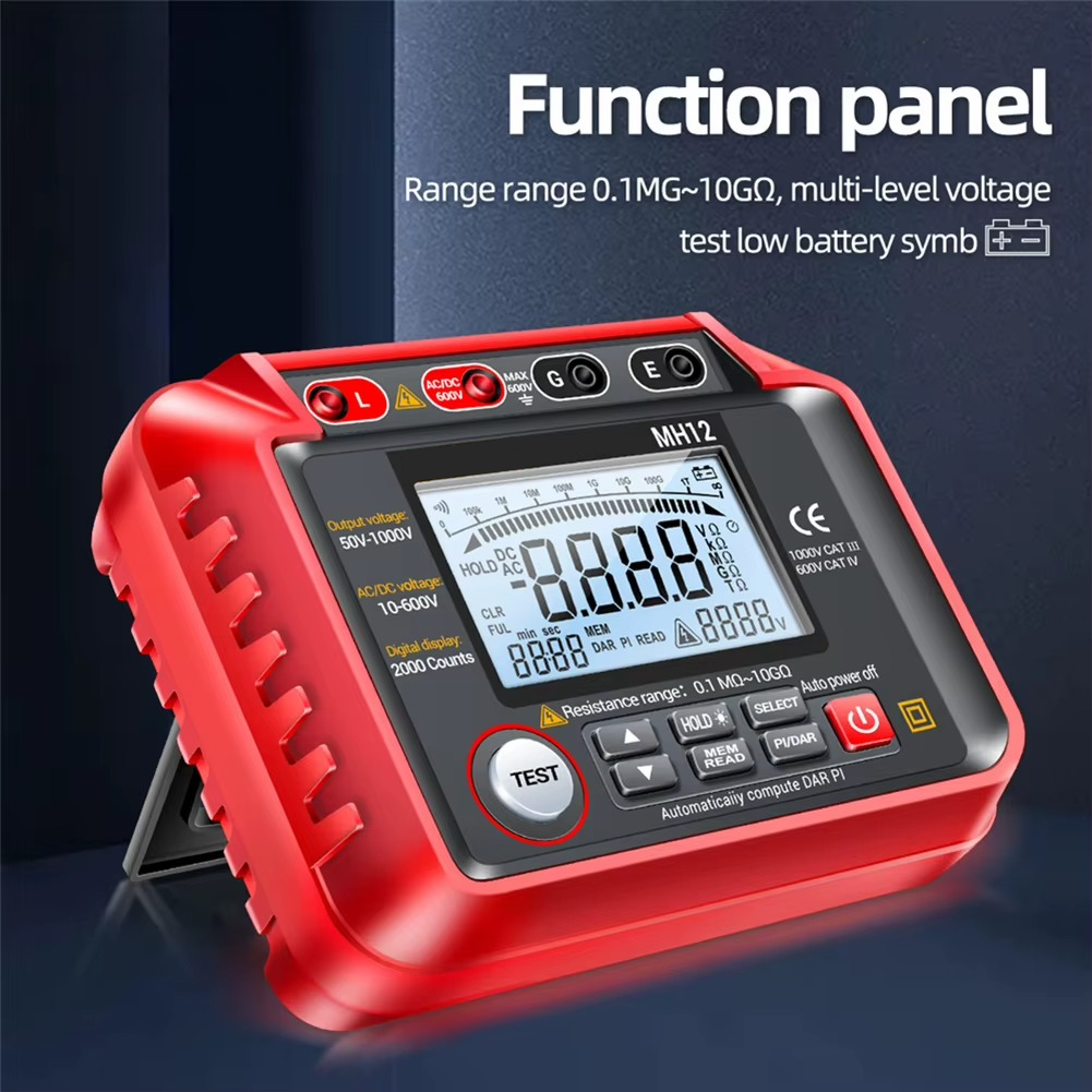 Belro high resistance meter and megohmmeter voltage tester tool for electronics testing, featuring digital display and testing leads.