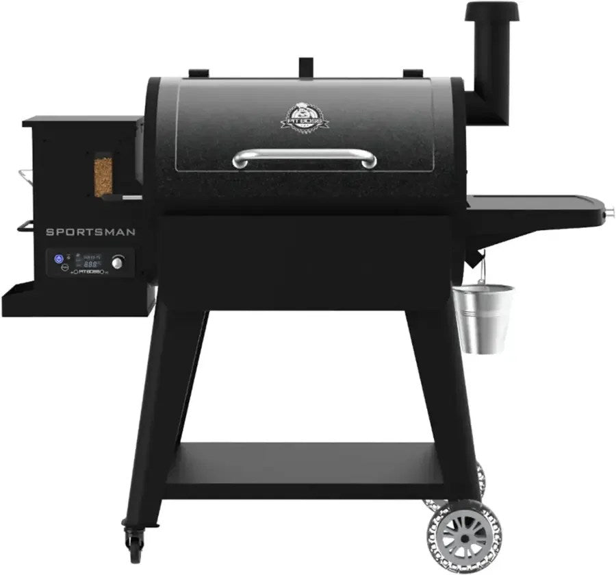 Casavibeo Pit Boss Sportsman 850 pellet grill with stainless steel exterior and digital control panel, shown outdoors.
