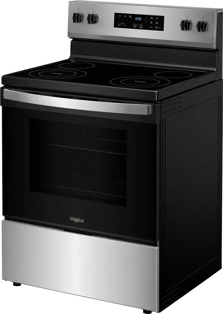 Whirlpool electric range by Casavibeo with black finish, four burners, and digital control panel on smooth cooktop surface.