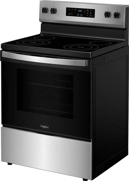 Whirlpool electric range by Casavibeo with black finish, four burners, and digital control panel on smooth cooktop surface.