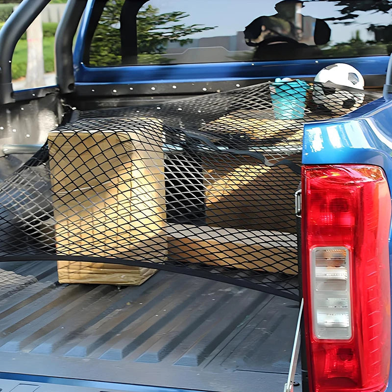 Belro cargo net for truck bed, durable mesh storage organizer, shown stretched across a truck bed for secure cargo containment.