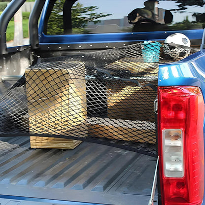 Belro cargo net for truck bed, durable mesh storage organizer, shown stretched across a truck bed for secure cargo containment.