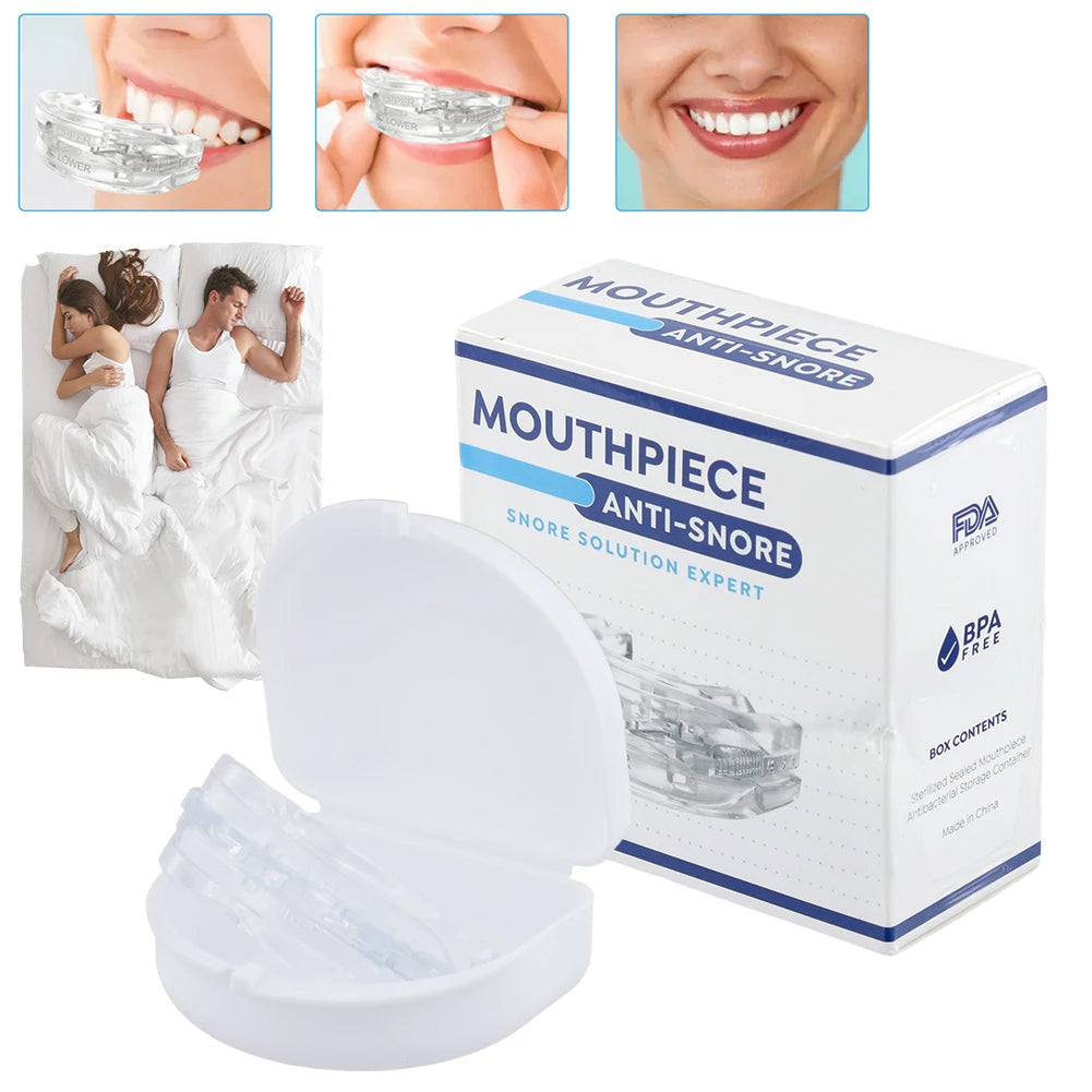 Belro reusable anti-snore mouthpiece with storage box, designed to reduce snoring and improve sleep quality.