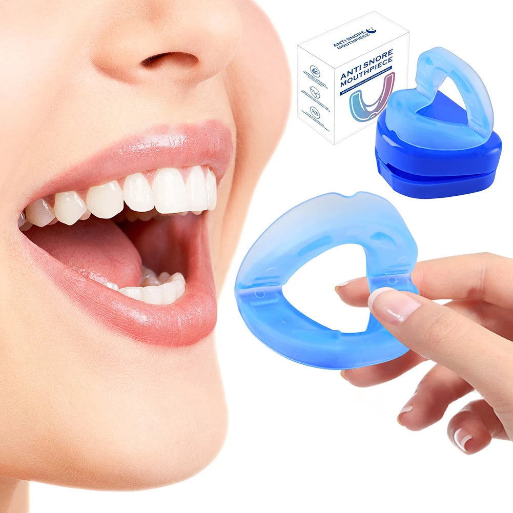 Belro Comfort Fit Anti Snore Mouthpiece designed to reduce snoring, shown fitted in a person's mouth for better sleep.