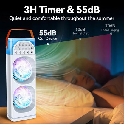 Belro mini portable air conditioner with humidifier and LED light, compact device for outdoor cooling and air quality.