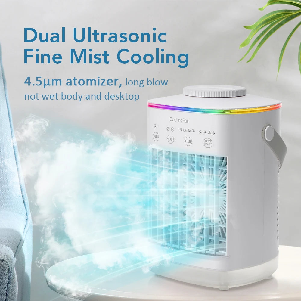 Belro mini portable air conditioner and humidifier with LED lights, designed for outdoor use in home and garden spaces.