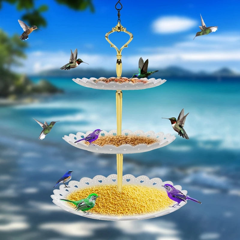 Belro 3-tier hanging bird feeder and bird bath combo with decorative design for garden bird watching.