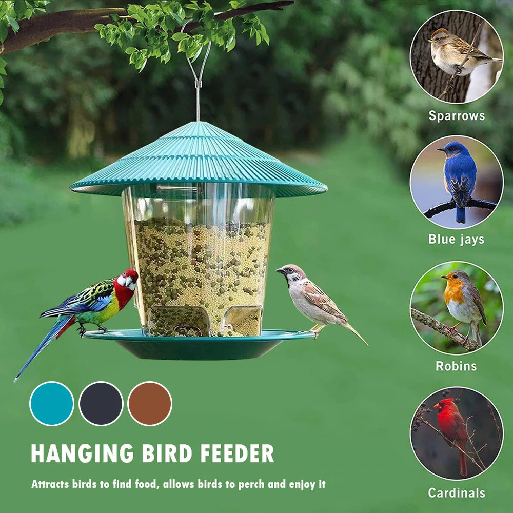 Belro hanging bird feeder with automatic seed dispenser, designed for outdoor garden decor and bird feeding.